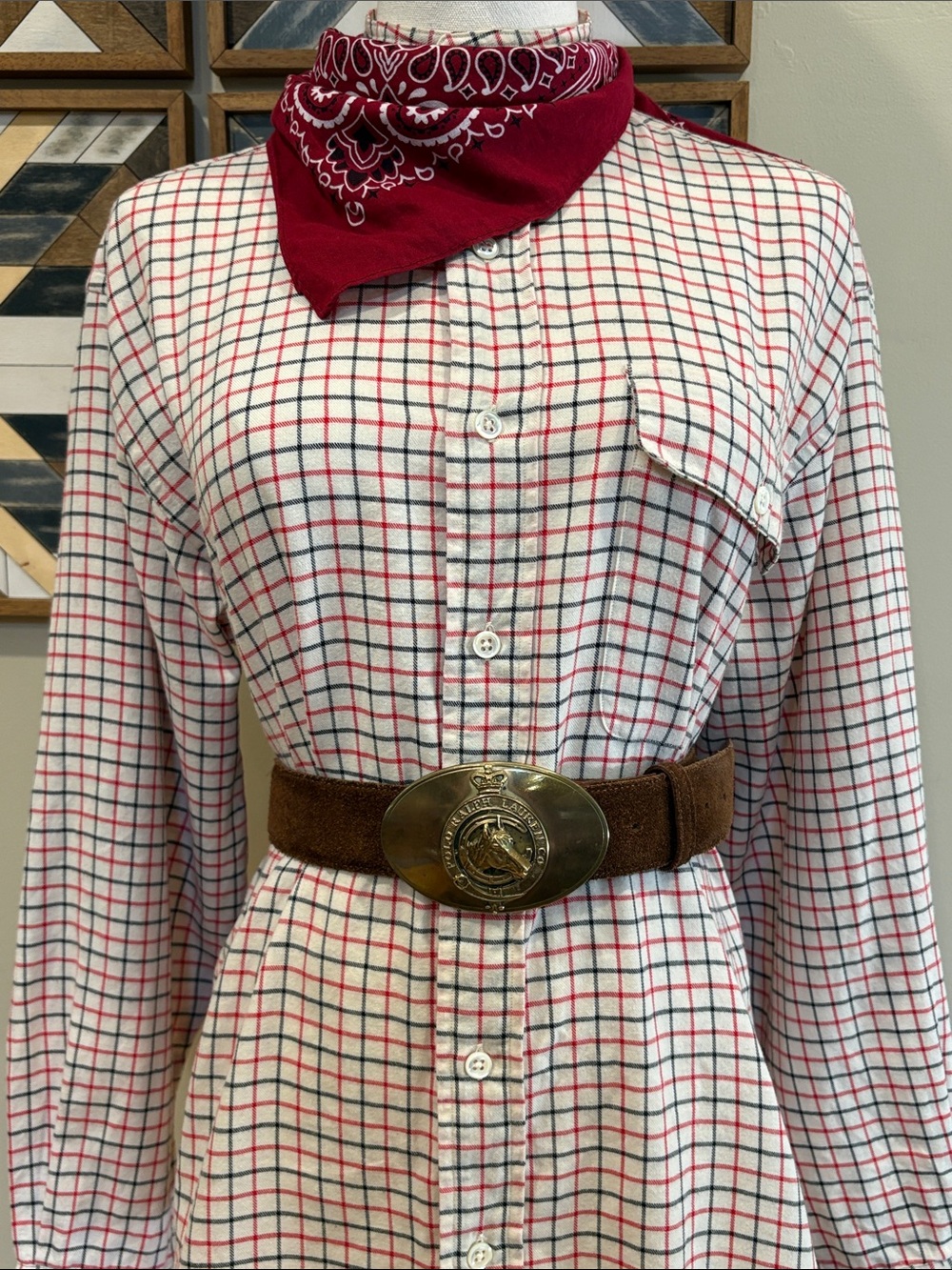 Vintage Ralph Lauren Equestrian Windowpane Check Cotton Wool High Neck Top 8 - Picture 2 of 13